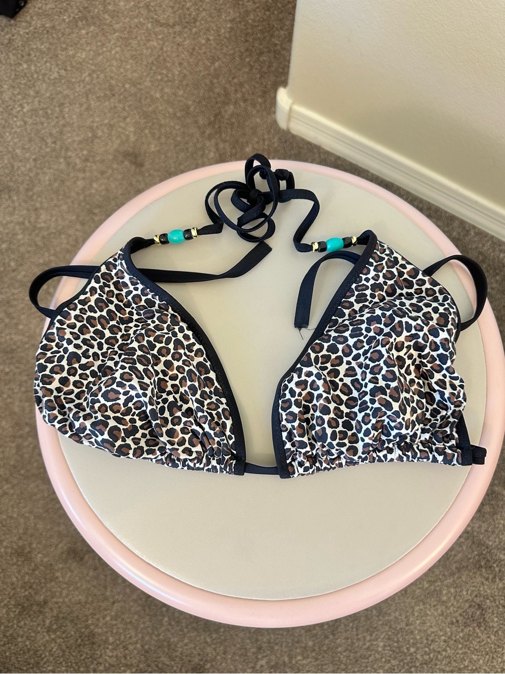 Beaded straps leopard print triangle bikini top